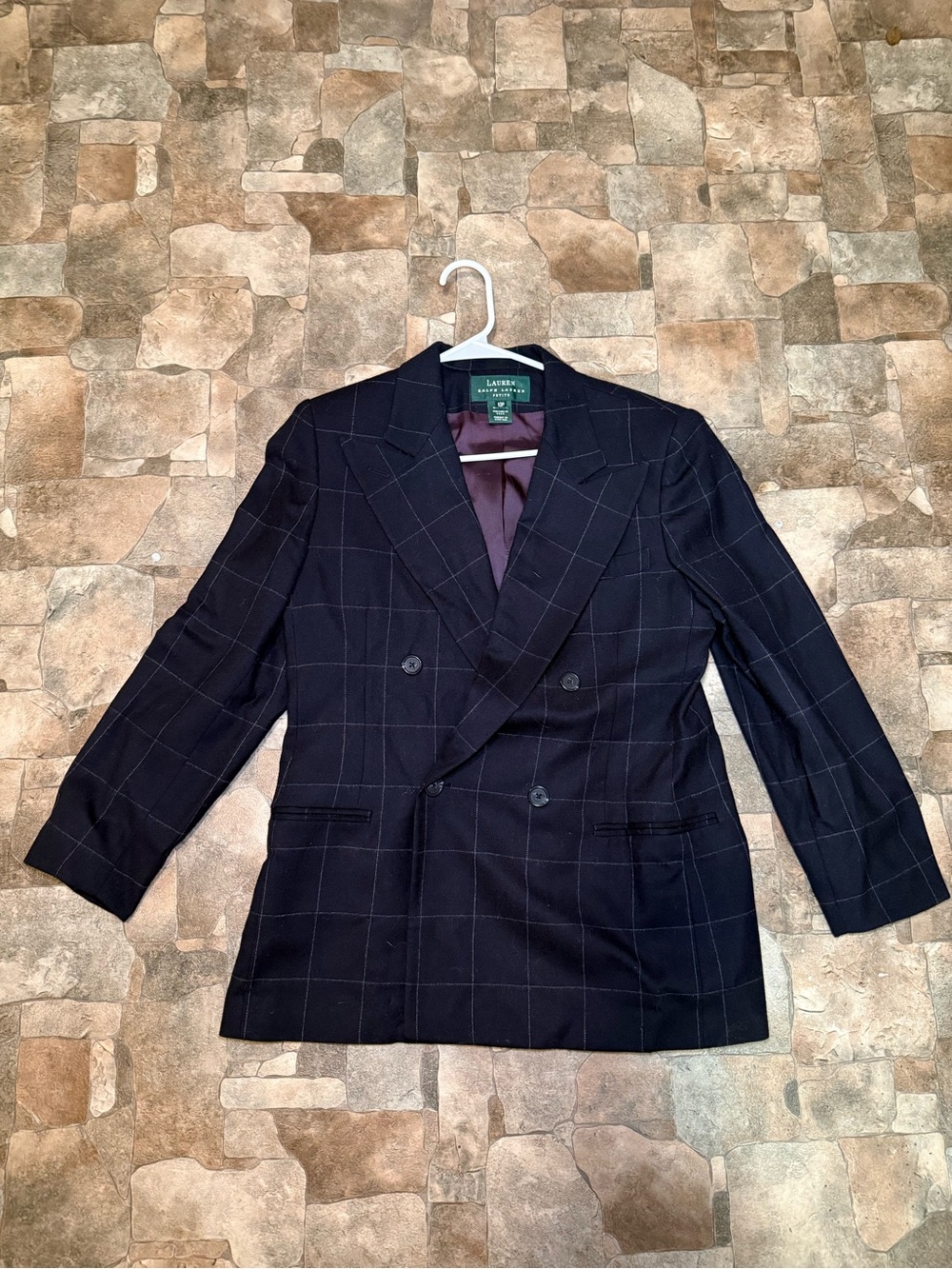 Vintage Lauren Ralph Lauren 10P Wool Blazer Navy Windowpane Double Breasted USA